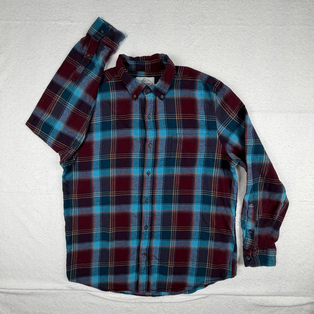 St Johns Bay Men Large Flannel Shirt Burgundy Teal Blue Plaid Button Down Cotton
